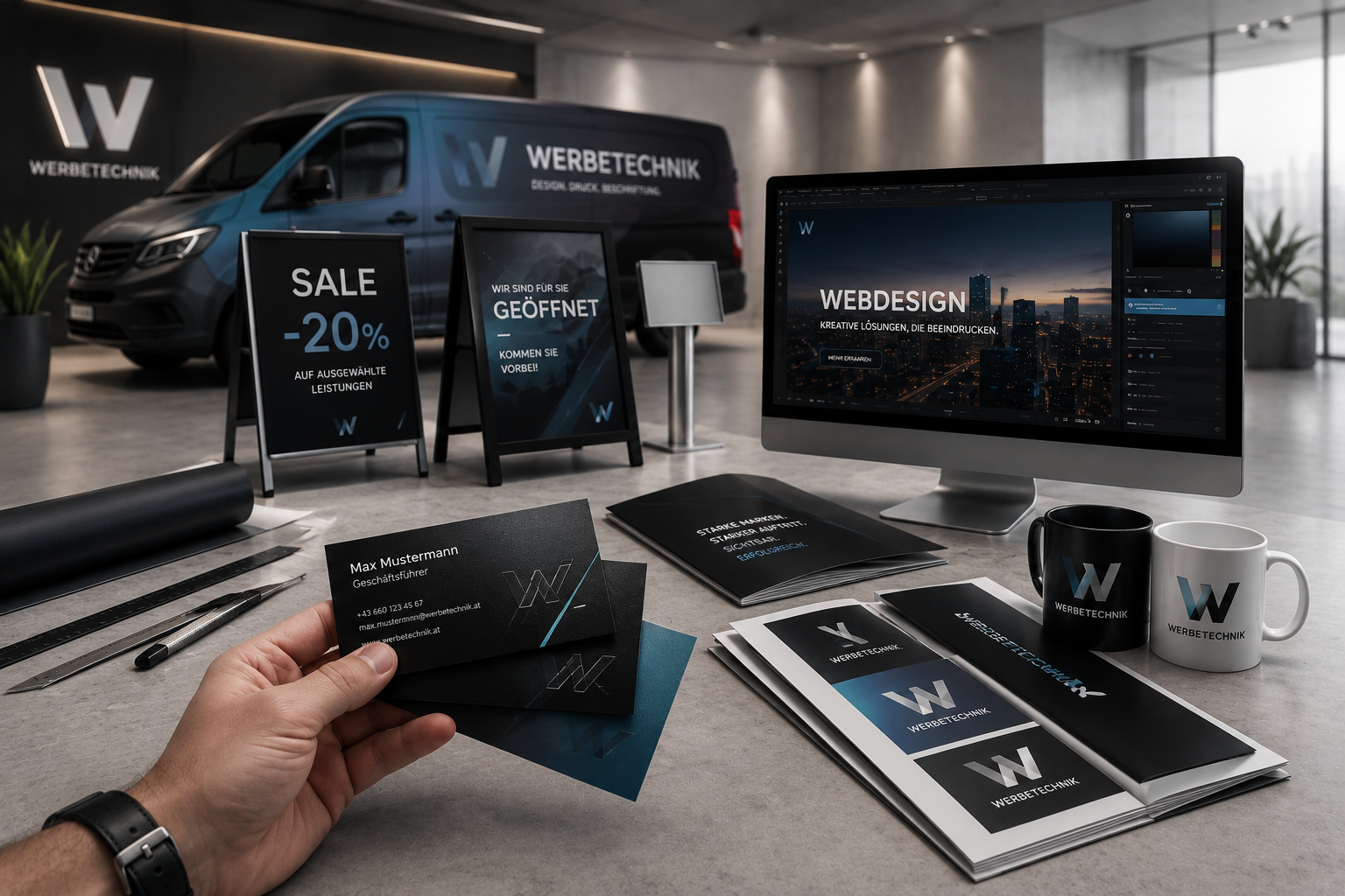 EDDesign showroom with branded van, signage, business cards and web design on screen