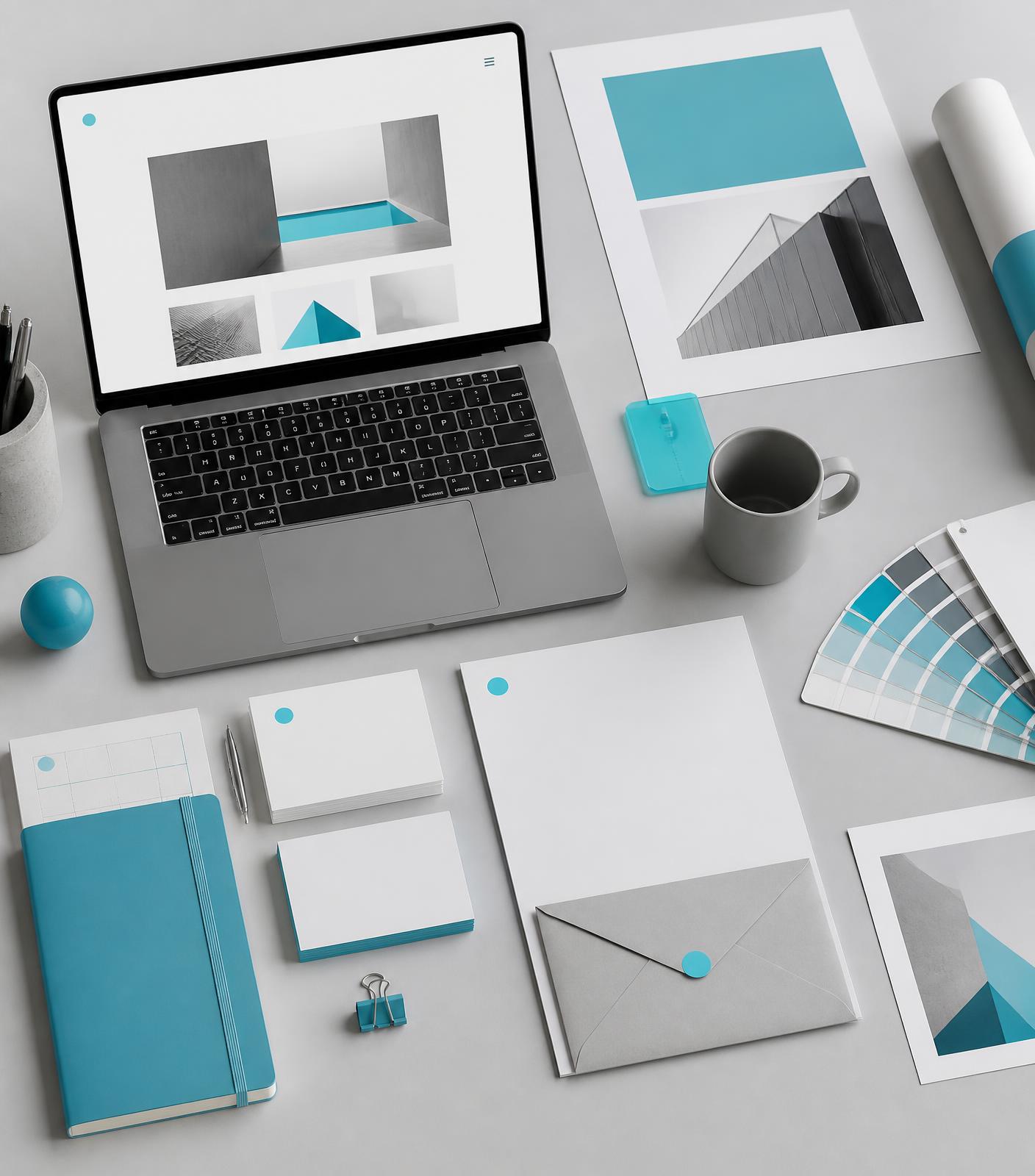 EDDesign studio desk with website design, brand stationery and color swatches