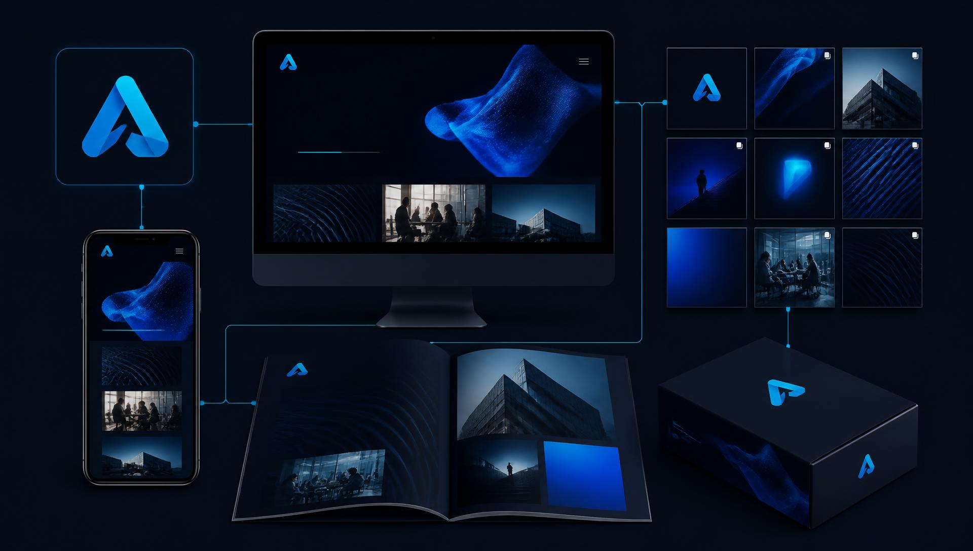Brand ecosystem: logo, website, social media grid and printed materials connected by cyan lines