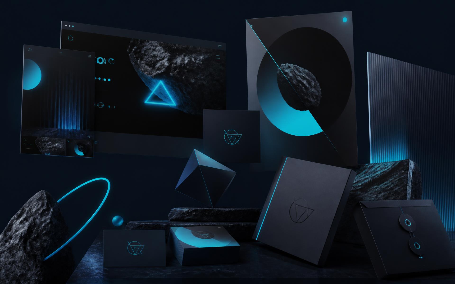 Abstract creative design composition with website, branding and print mockups